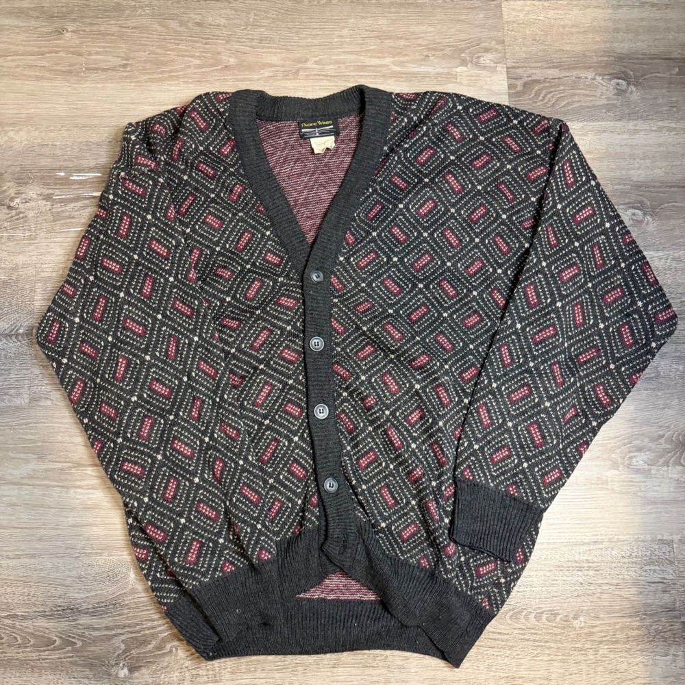 Pacific Winds Vintage Geometric Diamond Knit Cardigan Sweater Mens Large Grey